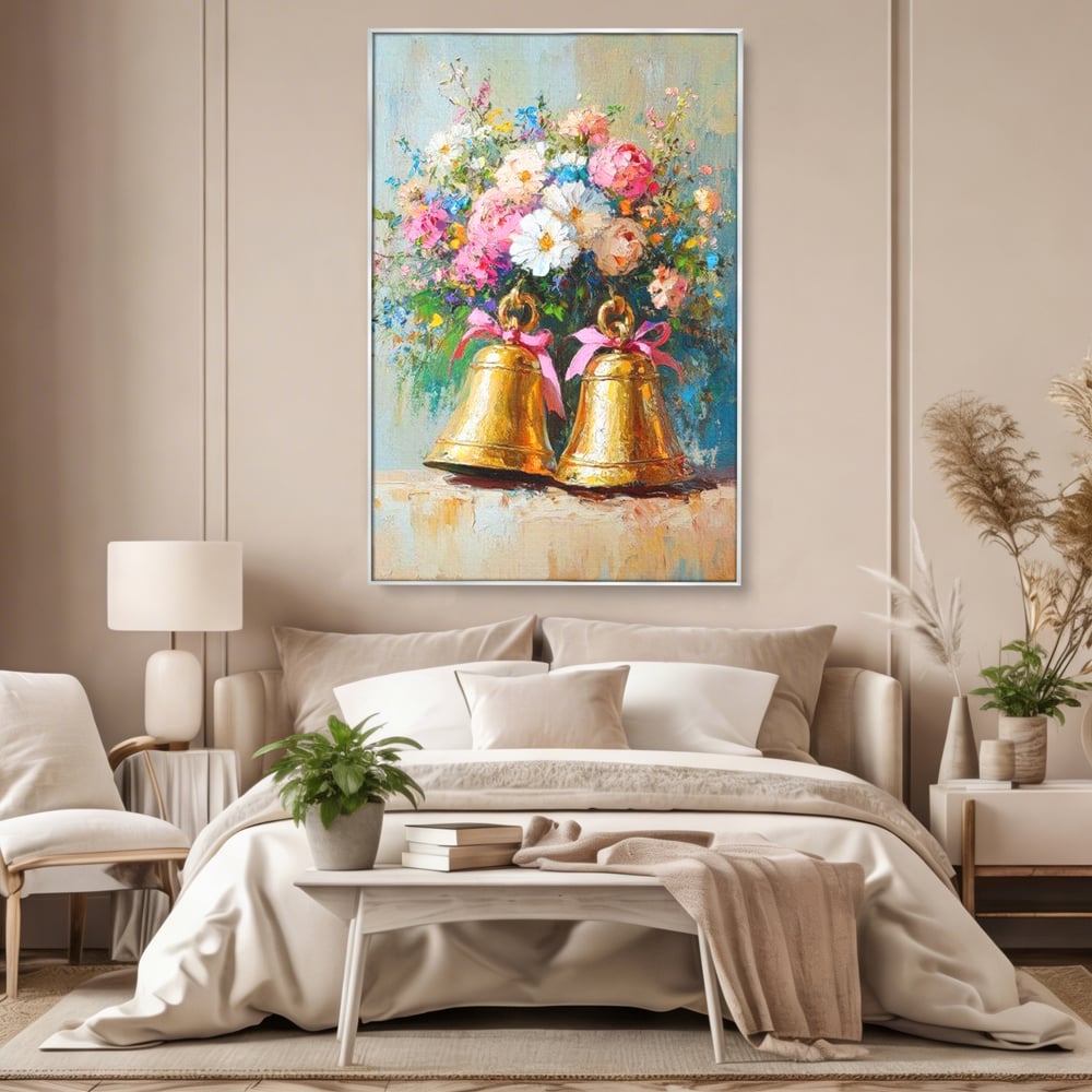 Tablou Canvas Premium LuxCanva® D1028, Clopotei Inflorati , Bujori, Clopotei, Aurii, Decoratiuni, Buchet, Living Room, Culori vibrante