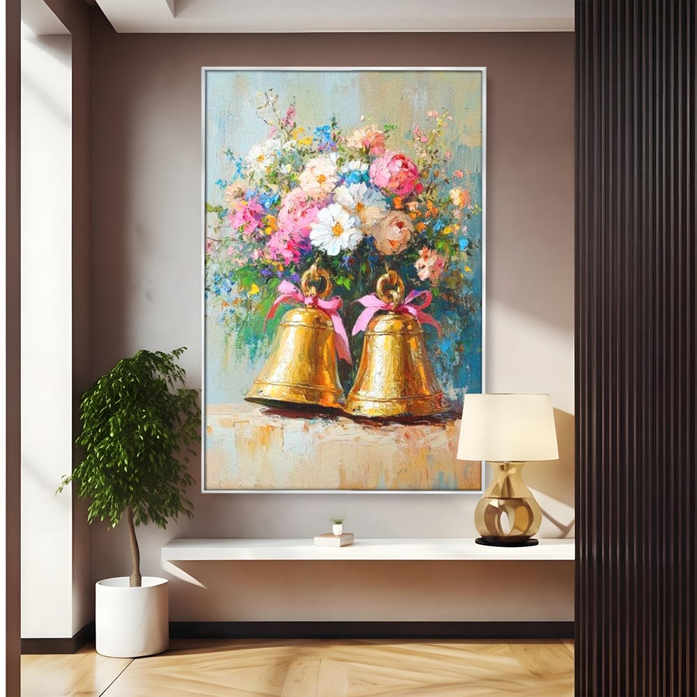 Tablou Canvas Premium LuxCanva® D1028, Clopotei Inflorati , Bujori, Clopotei, Aurii, Decoratiuni, Buchet, Living Room, Culori vibrante