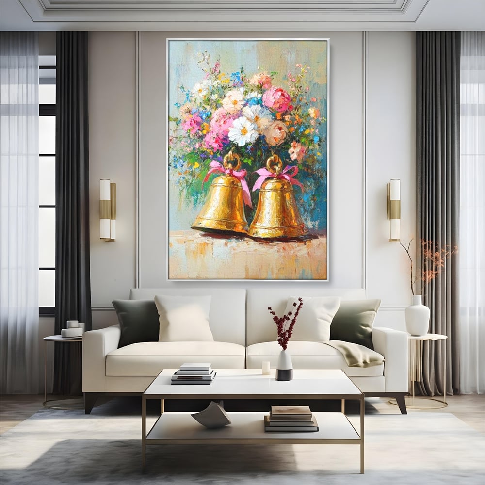 Tablou Canvas Premium LuxCanva® D1028, Clopotei Inflorati , Bujori, Clopotei, Aurii, Decoratiuni, Buchet, Living Room, Culori vibrante