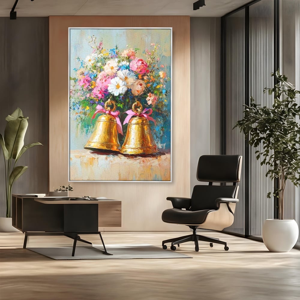 Tablou Canvas Premium LuxCanva® D1028, Clopotei Inflorati , Bujori, Clopotei, Aurii, Decoratiuni, Buchet, Living Room, Culori vibrante