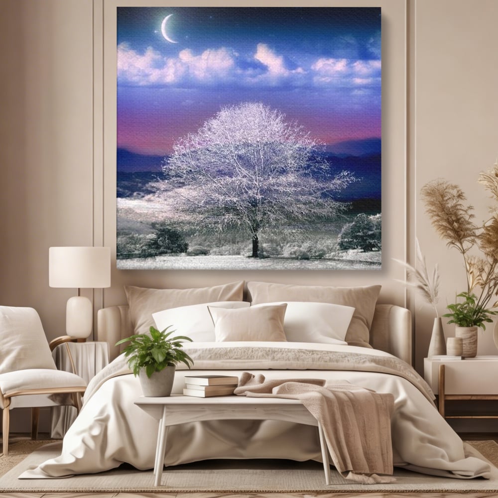 Tablou Canvas Premium LuxCanva® D1029, Scena de Iarna Fantasmica , Semiluna, Nori, Copac, Ramuri, Inghet, Living Room, Culori vibrante