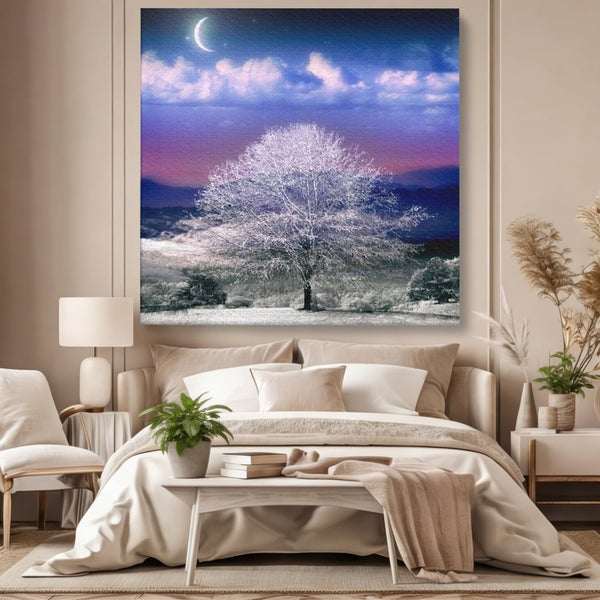 Tablou Canvas Premium LuxCanva® D1029, Scena de Iarna Fantasmica , Semiluna, Nori, Copac, Ramuri, Inghet, Living Room, Culori vibrante