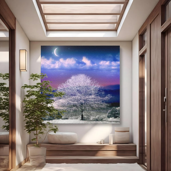Tablou Canvas Premium LuxCanva® D1029, Scena de Iarna Fantasmica , Semiluna, Nori, Copac, Ramuri, Inghet, Living Room, Culori vibrante