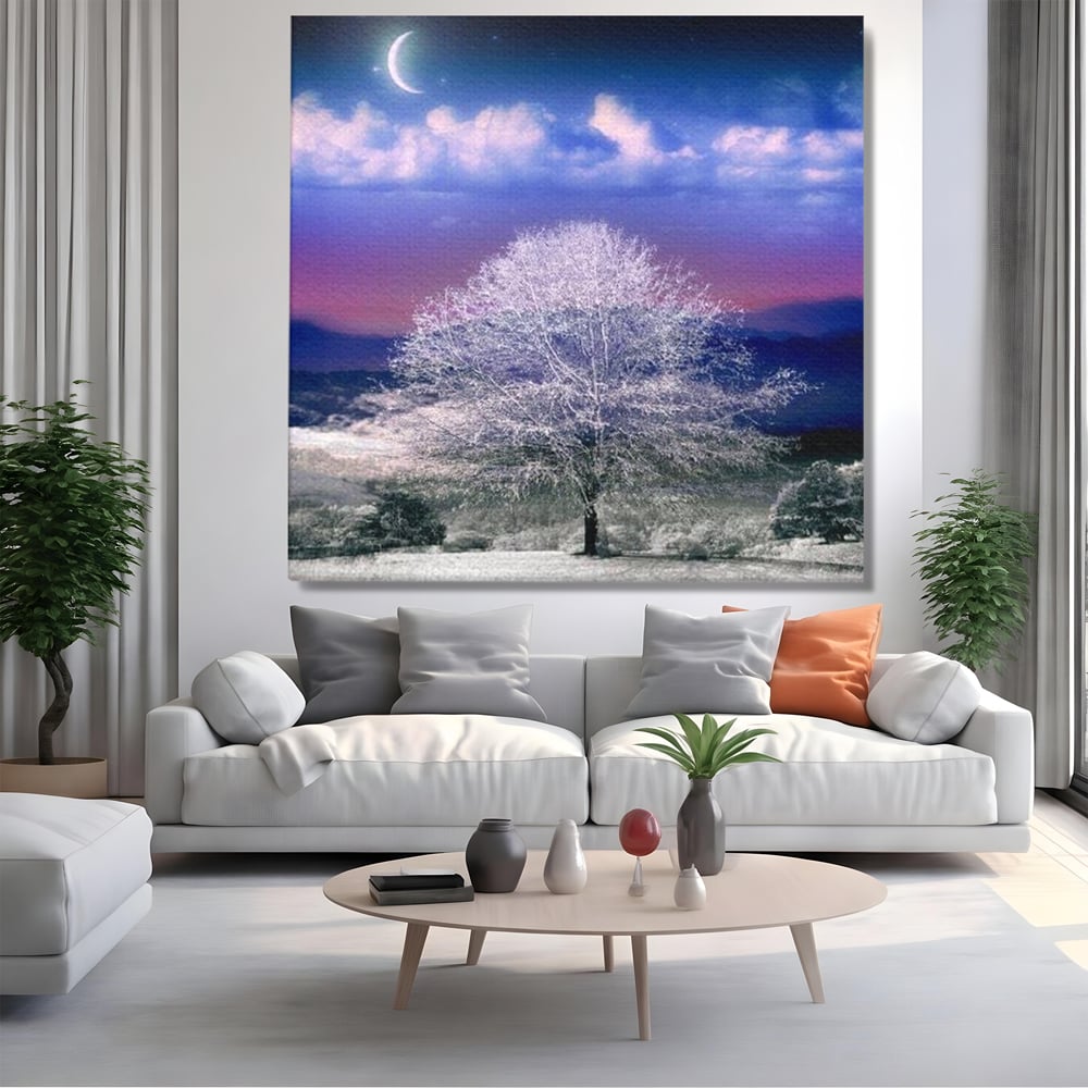 Tablou Canvas Premium LuxCanva® D1029, Scena de Iarna Fantasmica , Semiluna, Nori, Copac, Ramuri, Inghet, Living Room, Culori vibrante
