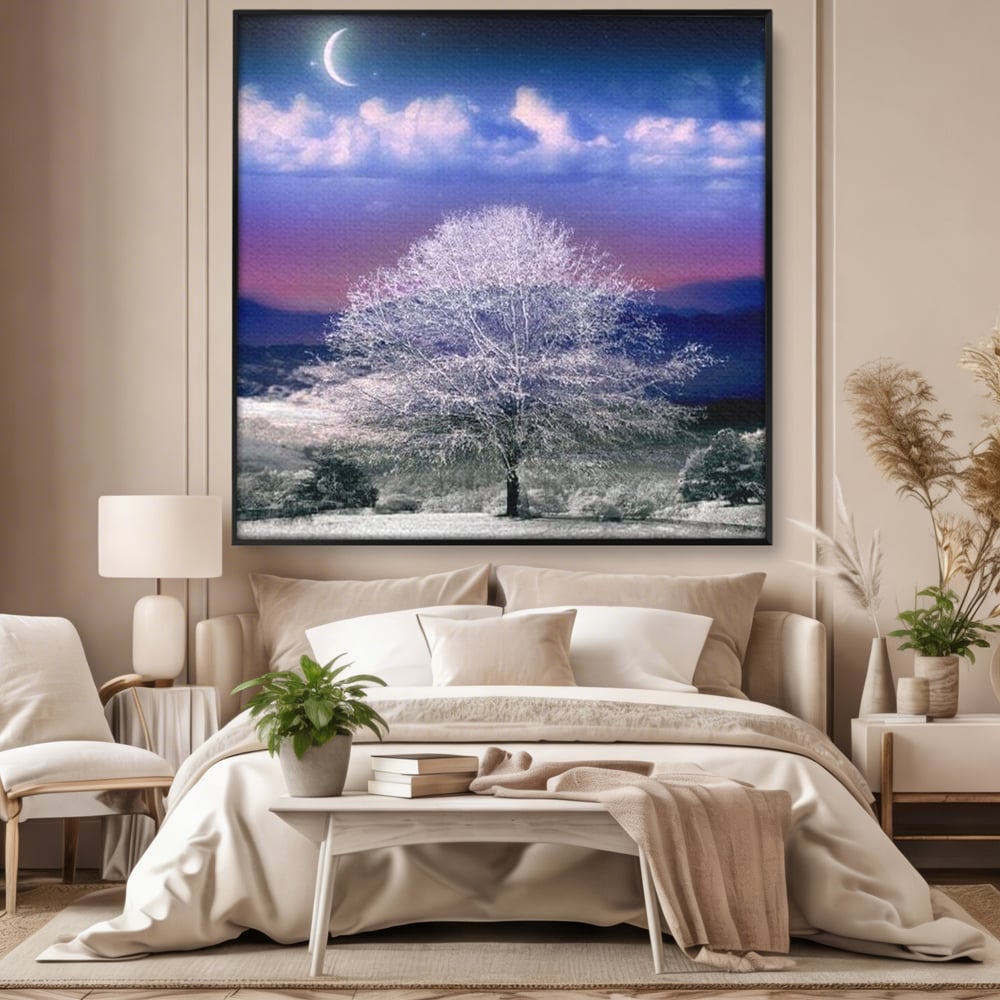 Tablou Canvas Premium LuxCanva® D1029, Scena de Iarna Fantasmica , Semiluna, Nori, Copac, Ramuri, Inghet, Living Room, Culori vibrante