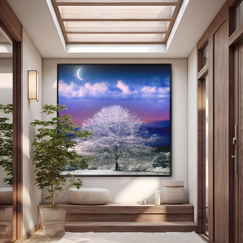Tablou Canvas Premium LuxCanva® D1029, Scena de Iarna Fantasmica , Semiluna, Nori, Copac, Ramuri, Inghet, Living Room, Culori vibrante