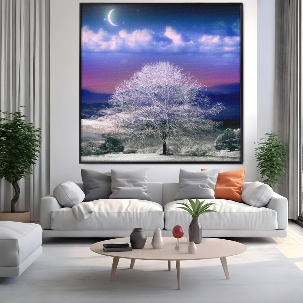 Tablou Canvas Premium LuxCanva® D1029, Scena de Iarna Fantasmica , Semiluna, Nori, Copac, Ramuri, Inghet, Living Room, Culori vibrante