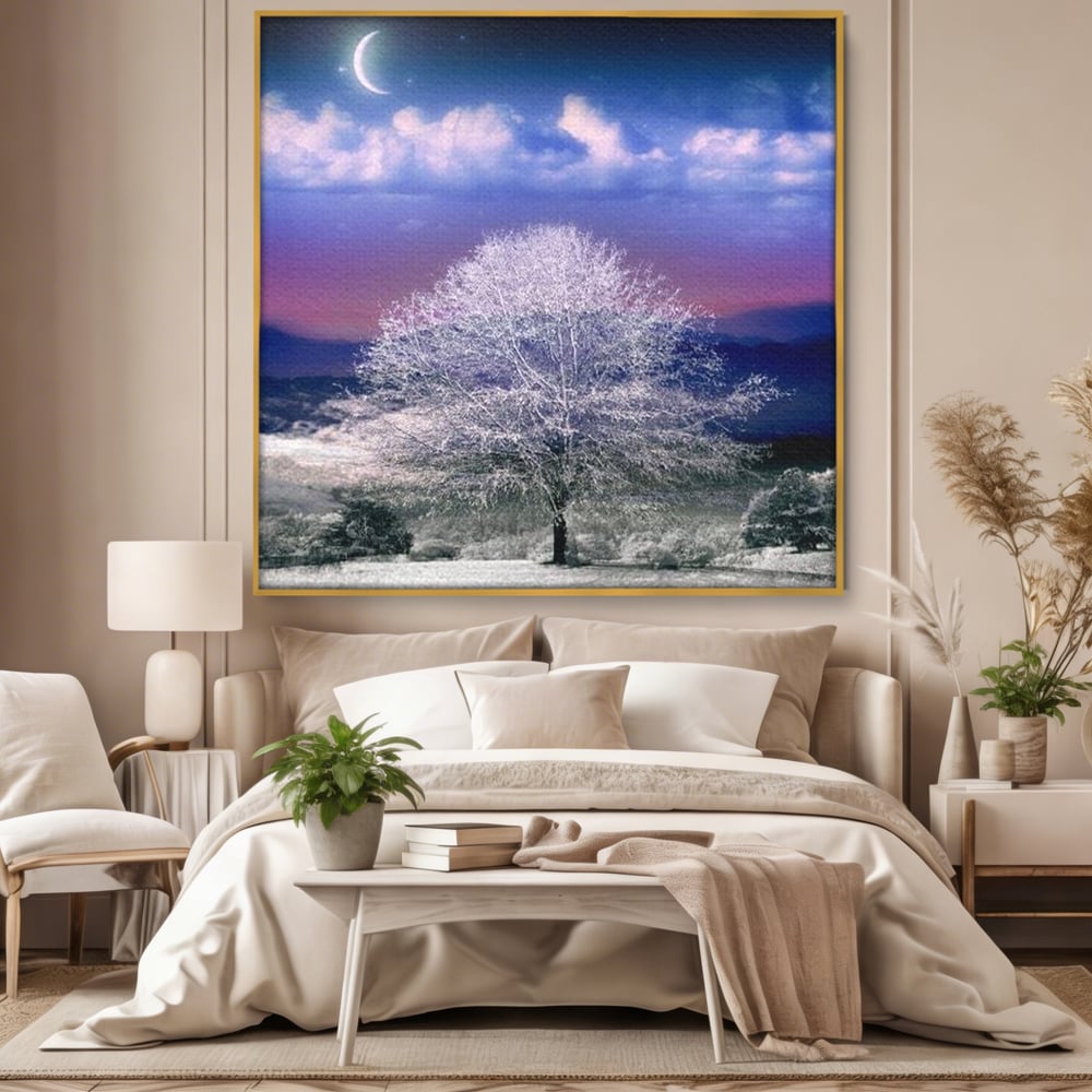 Tablou Canvas Premium LuxCanva® D1029, Scena de Iarna Fantasmica , Semiluna, Nori, Copac, Ramuri, Inghet, Living Room, Culori vibrante
