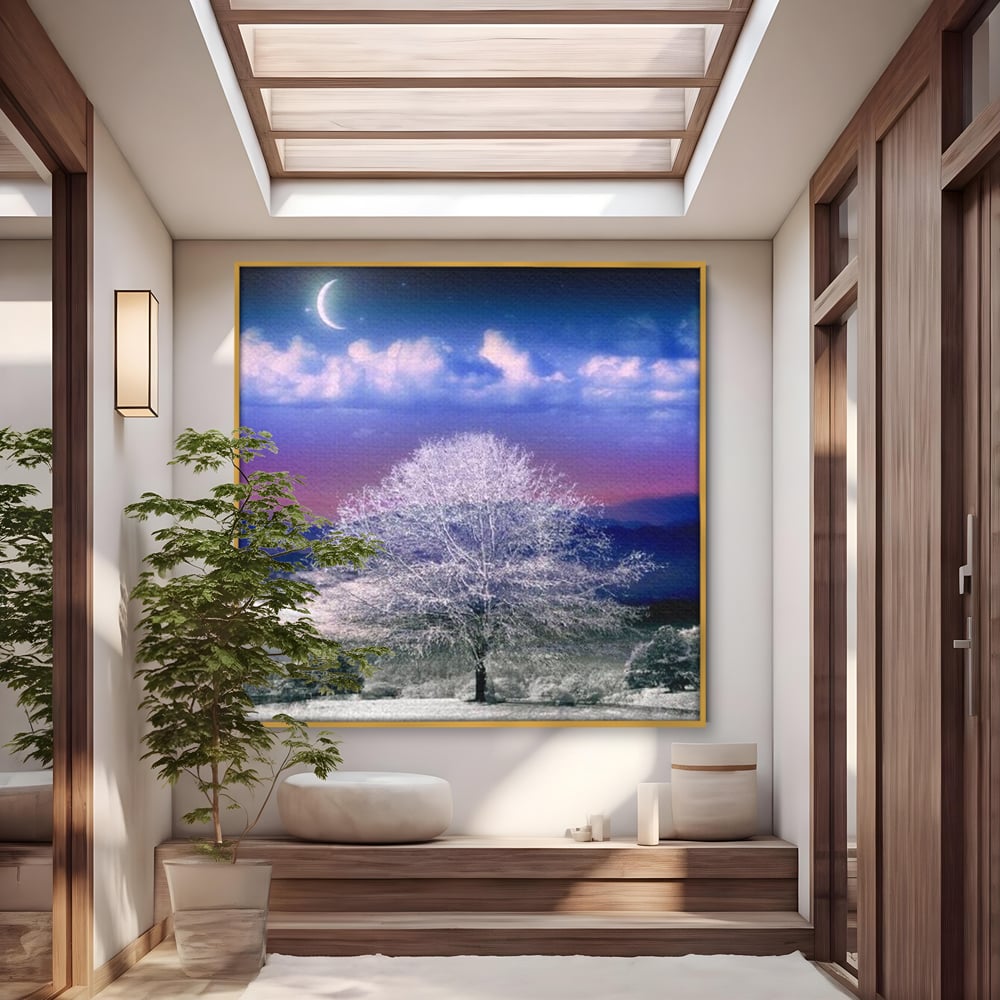 Tablou Canvas Premium LuxCanva® D1029, Scena de Iarna Fantasmica , Semiluna, Nori, Copac, Ramuri, Inghet, Living Room, Culori vibrante
