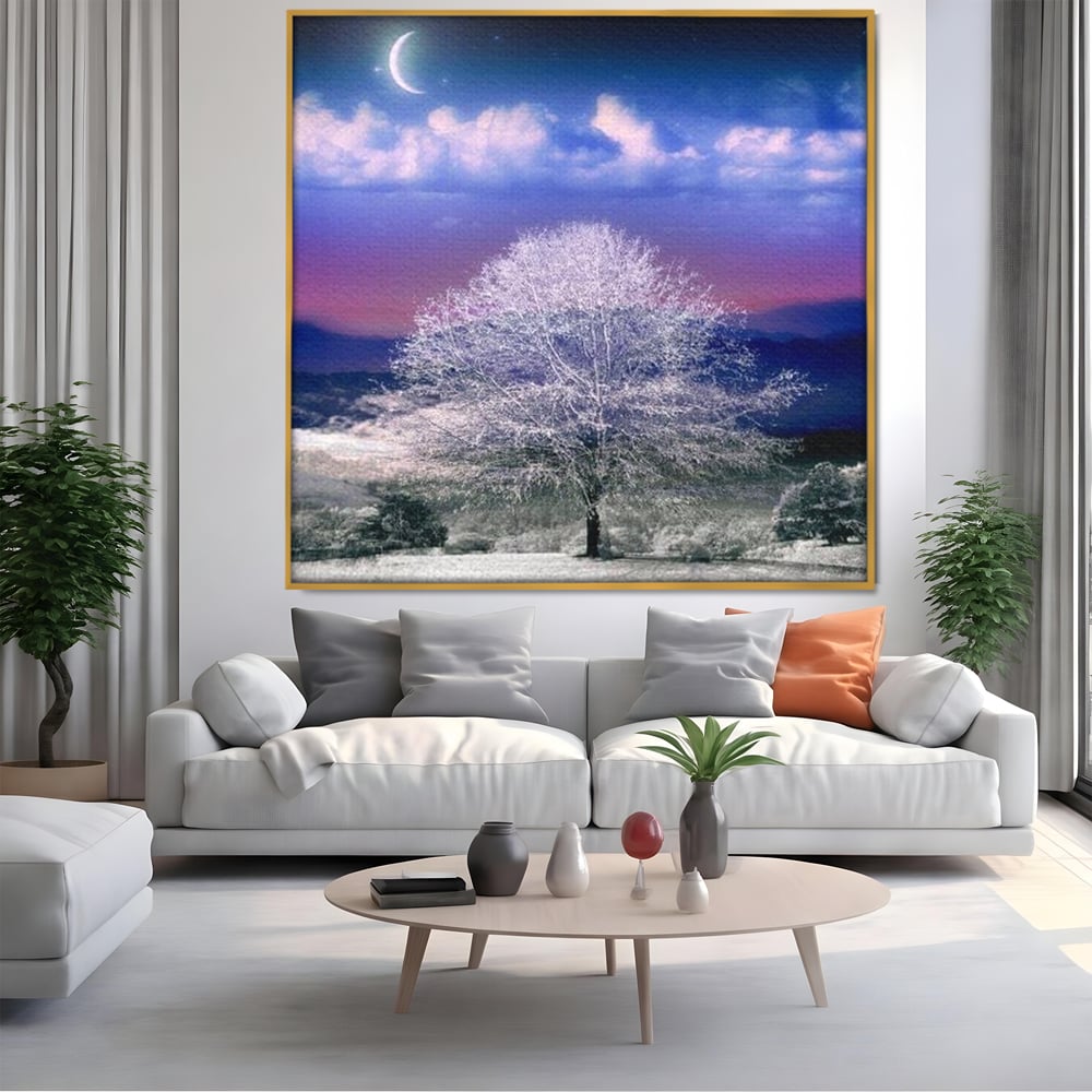 Tablou Canvas Premium LuxCanva® D1029, Scena de Iarna Fantasmica , Semiluna, Nori, Copac, Ramuri, Inghet, Living Room, Culori vibrante
