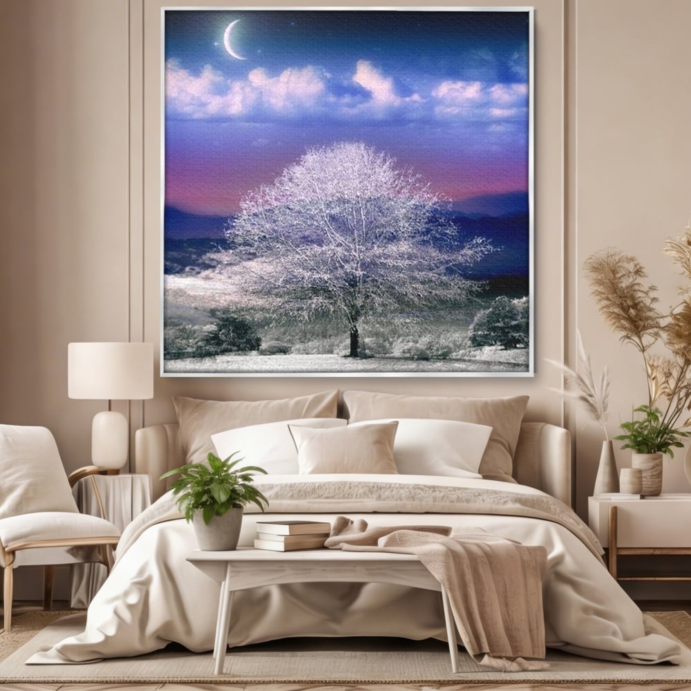 Tablou Canvas Premium LuxCanva® D1029, Scena de Iarna Fantasmica , Semiluna, Nori, Copac, Ramuri, Inghet, Living Room, Culori vibrante