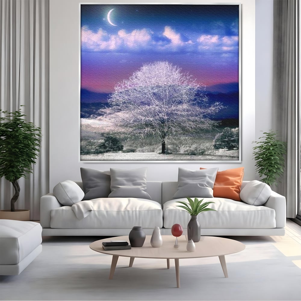 Tablou Canvas Premium LuxCanva® D1029, Scena de Iarna Fantasmica , Semiluna, Nori, Copac, Ramuri, Inghet, Living Room, Culori vibrante