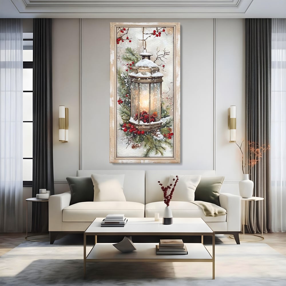 Tablou Canvas Premium LuxCanva® D1031, Stralucirea Felinarului , Ramuri, Brad, Nea, Lumina, Felinar, Living Room, Culori vibrante
