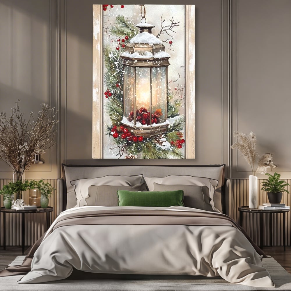 Tablou Canvas Premium LuxCanva® D1031, Stralucirea Felinarului , Ramuri, Brad, Nea, Lumina, Felinar, Living Room, Culori vibrante