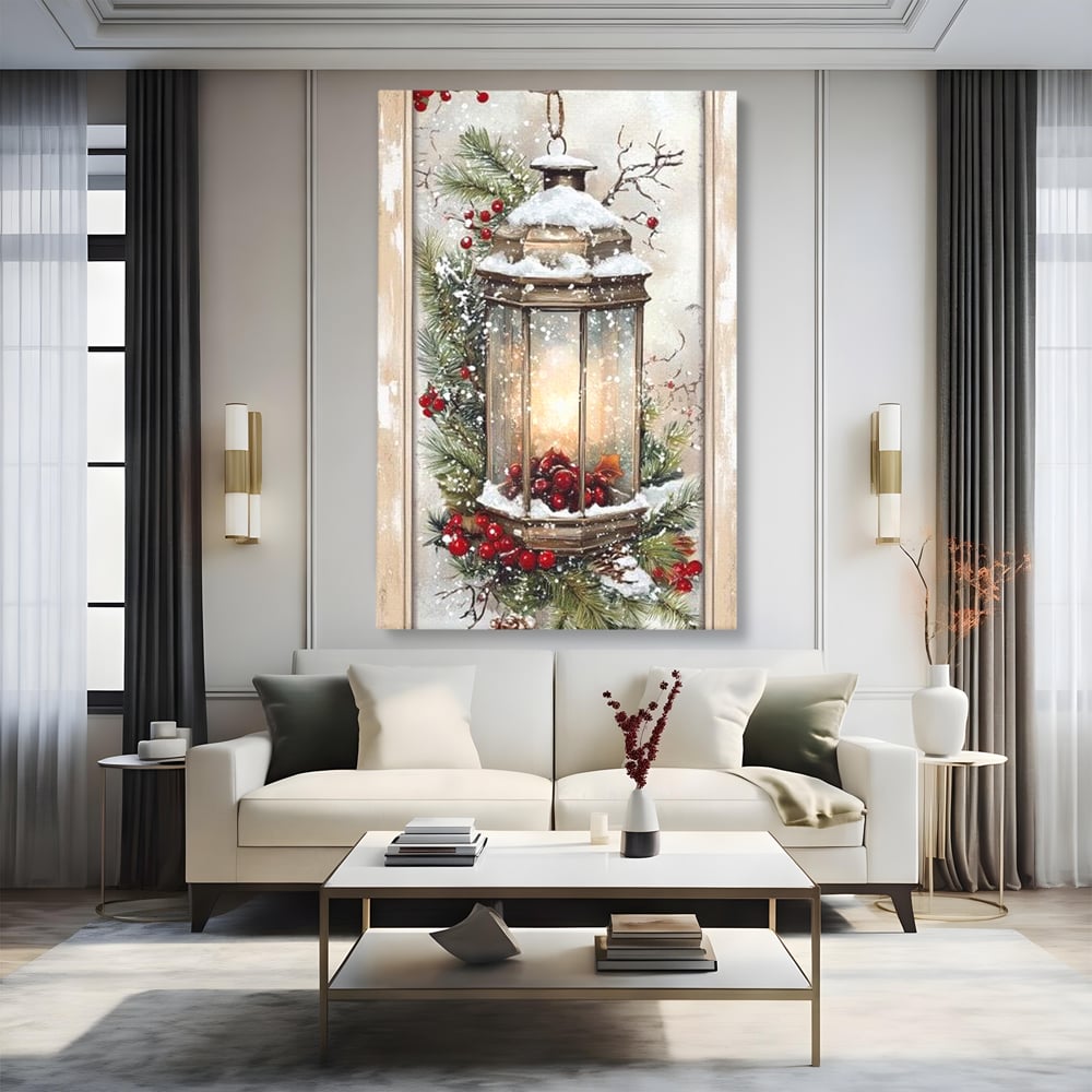 Tablou Canvas Premium LuxCanva® D1031, Stralucirea Felinarului , Ramuri, Brad, Nea, Lumina, Felinar, Living Room, Culori vibrante