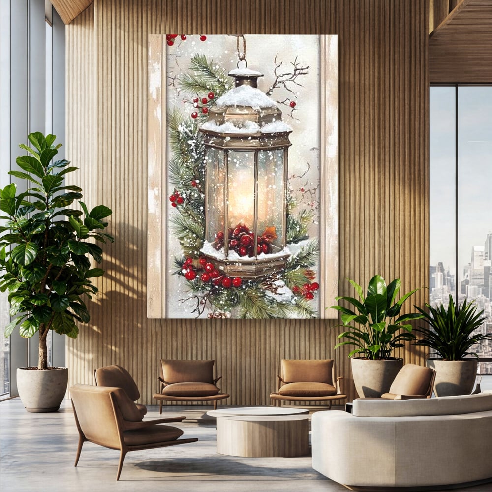 Tablou Canvas Premium LuxCanva® D1031, Stralucirea Felinarului , Ramuri, Brad, Nea, Lumina, Felinar, Living Room, Culori vibrante