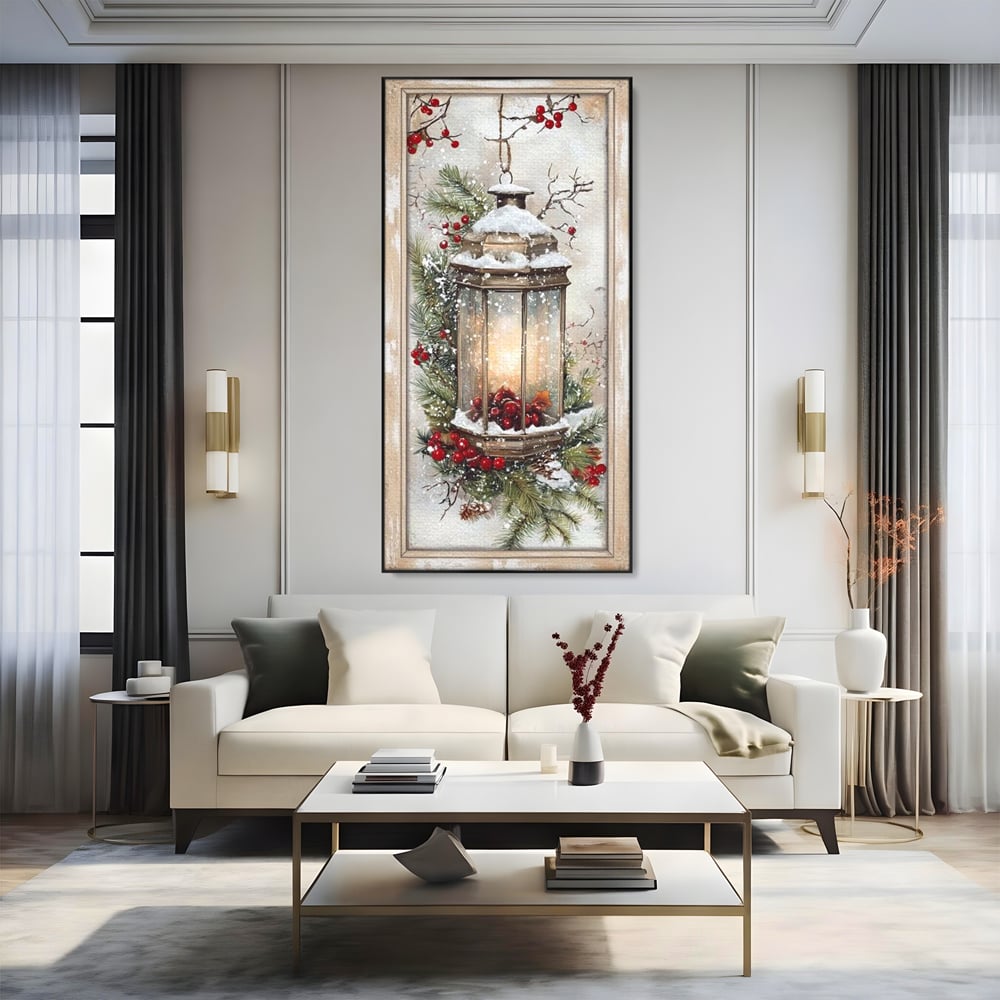 Tablou Canvas Premium LuxCanva® D1031, Stralucirea Felinarului , Ramuri, Brad, Nea, Lumina, Felinar, Living Room, Culori vibrante