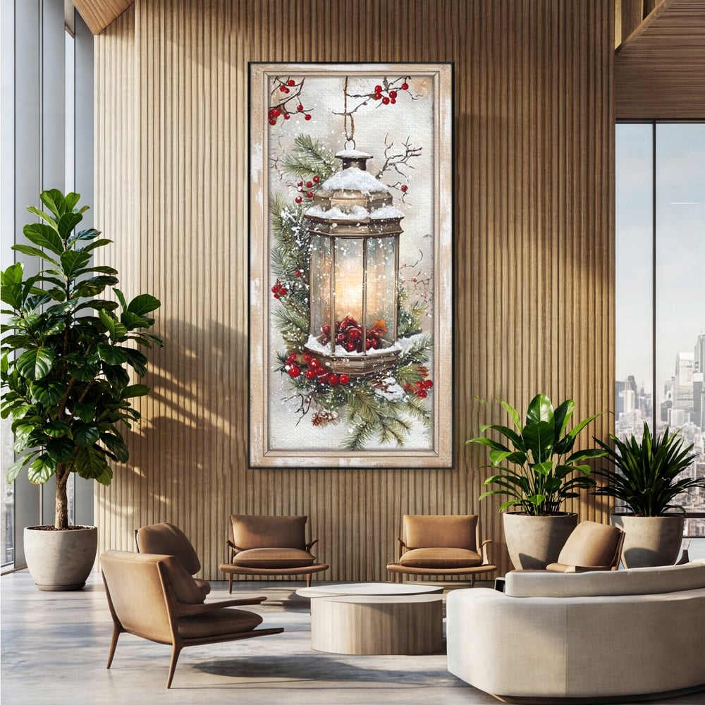 Tablou Canvas Premium LuxCanva® D1031, Stralucirea Felinarului , Ramuri, Brad, Nea, Lumina, Felinar, Living Room, Culori vibrante