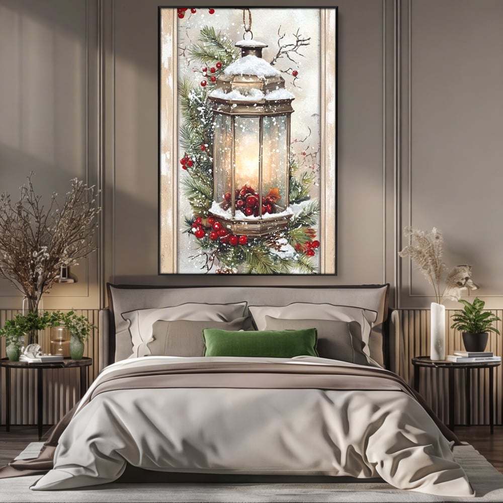 Tablou Canvas Premium LuxCanva® D1031, Stralucirea Felinarului , Ramuri, Brad, Nea, Lumina, Felinar, Living Room, Culori vibrante