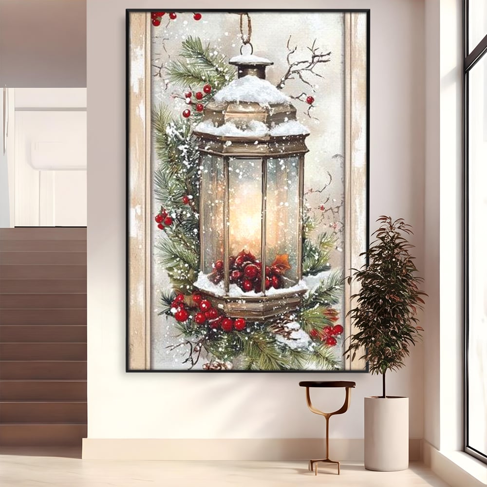 Tablou Canvas Premium LuxCanva® D1031, Stralucirea Felinarului , Ramuri, Brad, Nea, Lumina, Felinar, Living Room, Culori vibrante