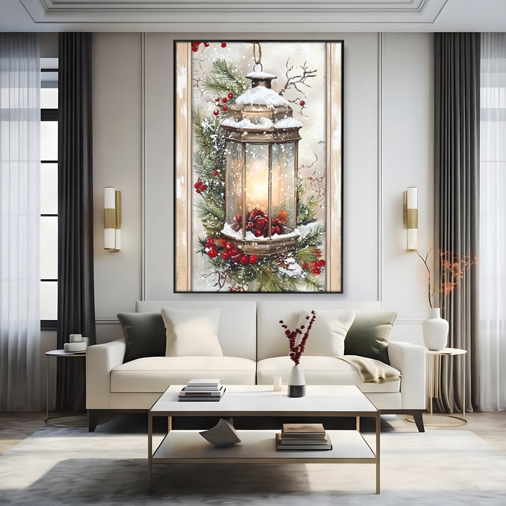 Tablou Canvas Premium LuxCanva® D1031, Stralucirea Felinarului , Ramuri, Brad, Nea, Lumina, Felinar, Living Room, Culori vibrante