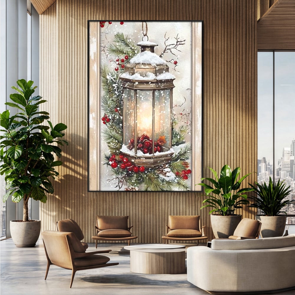 Tablou Canvas Premium LuxCanva® D1031, Stralucirea Felinarului , Ramuri, Brad, Nea, Lumina, Felinar, Living Room, Culori vibrante