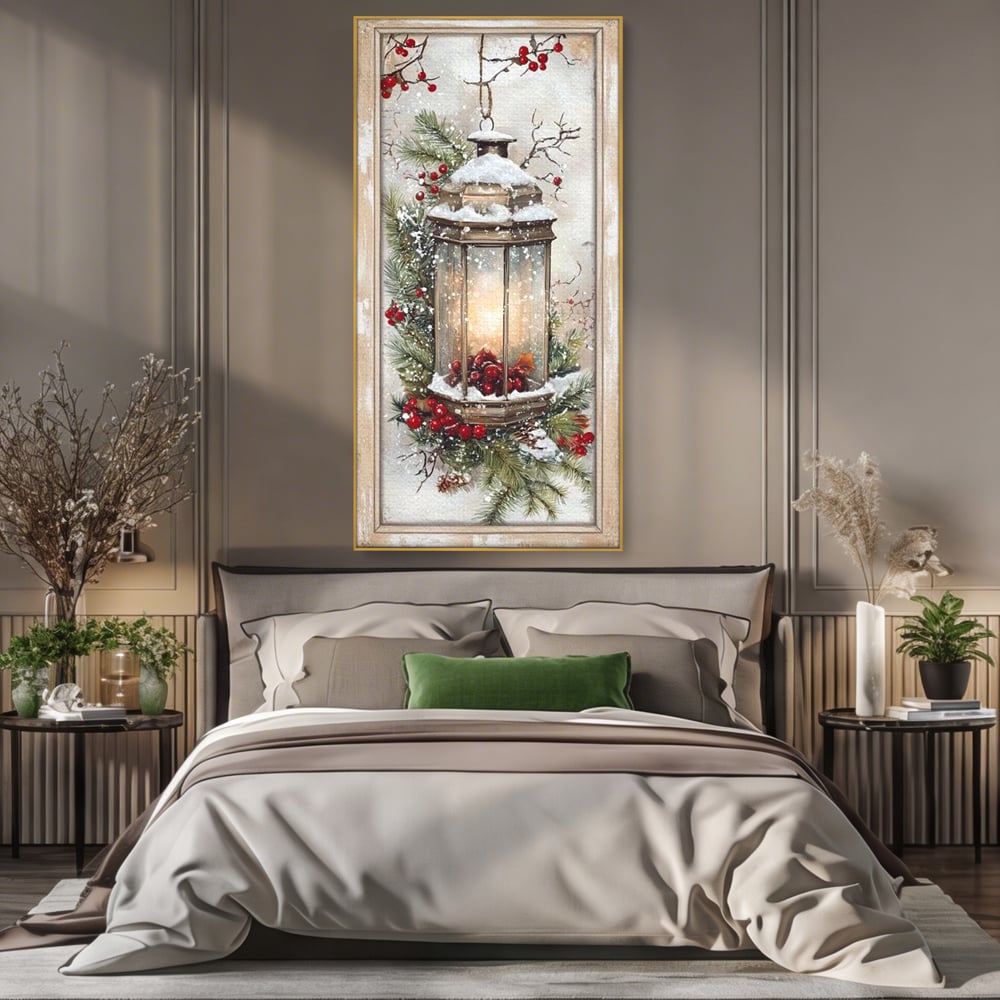 Tablou Canvas Premium LuxCanva® D1031, Stralucirea Felinarului , Ramuri, Brad, Nea, Lumina, Felinar, Living Room, Culori vibrante