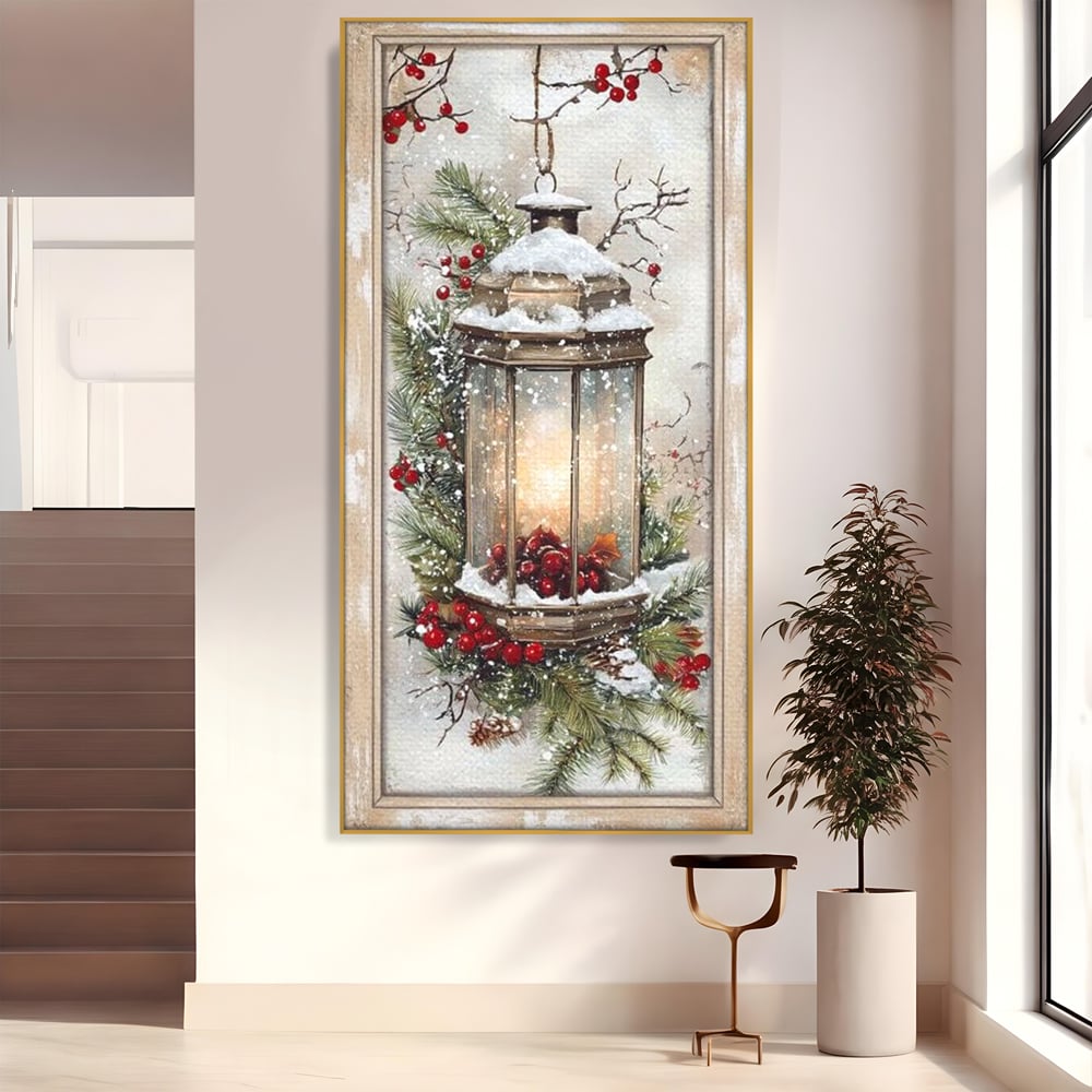 Tablou Canvas Premium LuxCanva® D1031, Stralucirea Felinarului , Ramuri, Brad, Nea, Lumina, Felinar, Living Room, Culori vibrante