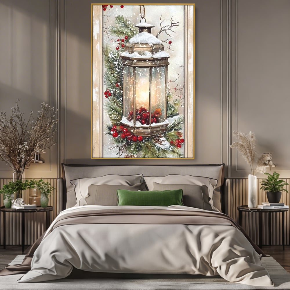 Tablou Canvas Premium LuxCanva® D1031, Stralucirea Felinarului , Ramuri, Brad, Nea, Lumina, Felinar, Living Room, Culori vibrante