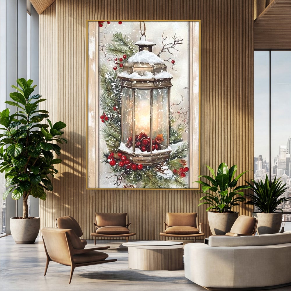 Tablou Canvas Premium LuxCanva® D1031, Stralucirea Felinarului , Ramuri, Brad, Nea, Lumina, Felinar, Living Room, Culori vibrante