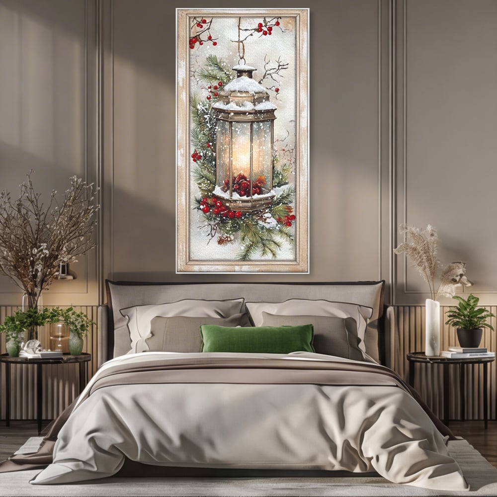 Tablou Canvas Premium LuxCanva® D1031, Stralucirea Felinarului , Ramuri, Brad, Nea, Lumina, Felinar, Living Room, Culori vibrante
