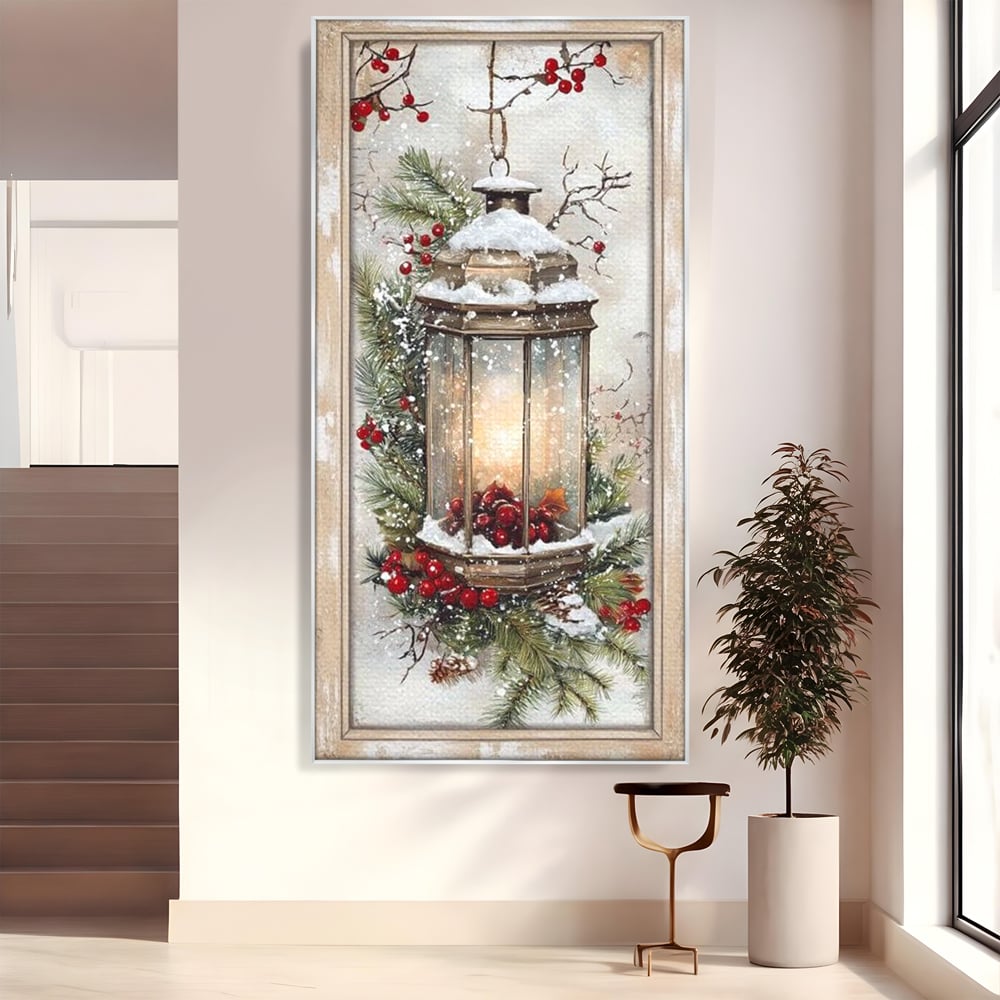 Tablou Canvas Premium LuxCanva® D1031, Stralucirea Felinarului , Ramuri, Brad, Nea, Lumina, Felinar, Living Room, Culori vibrante