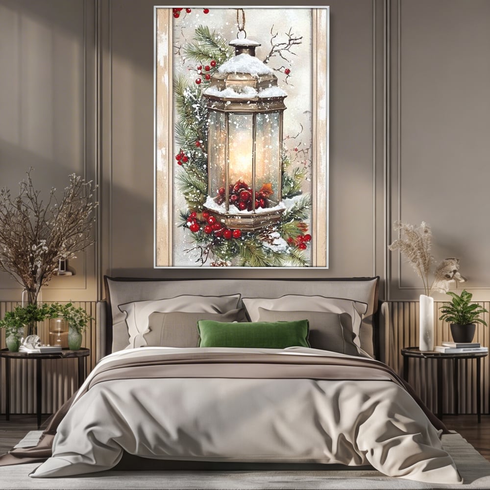 Tablou Canvas Premium LuxCanva® D1031, Stralucirea Felinarului , Ramuri, Brad, Nea, Lumina, Felinar, Living Room, Culori vibrante