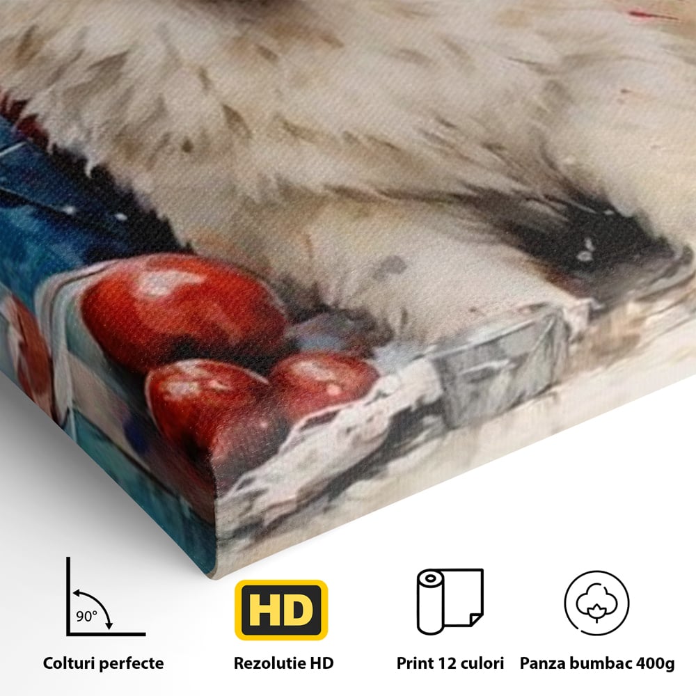 Tablou Canvas Premium, LuxCanva® D1033, Blanosul Samoyed printre Globuri , Patruped, Blana, Rosu, Globuri, Lumanari, Living Room, Culori vibrante