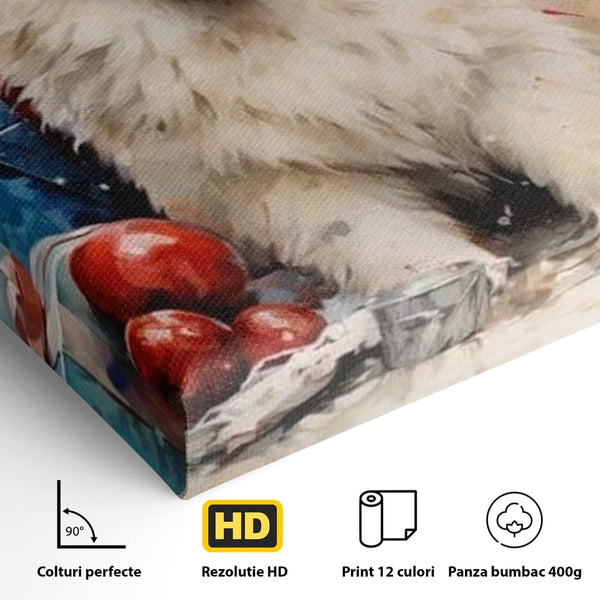 Tablou Canvas Premium, LuxCanva® D1033, Blanosul Samoyed printre Globuri , Patruped, Blana, Rosu, Globuri, Lumanari, Living Room, Culori vibrante