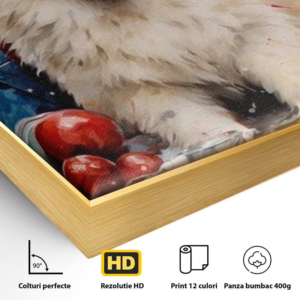 Tablou Canvas Premium, LuxCanva® D1033, Blanosul Samoyed printre Globuri , Patruped, Blana, Rosu, Globuri, Lumanari, Living Room, Culori vibrante