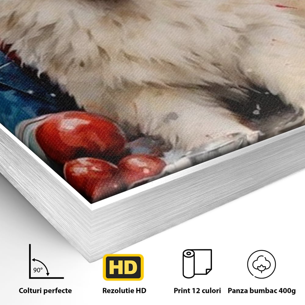 Tablou Canvas Premium, LuxCanva® D1033, Blanosul Samoyed printre Globuri , Patruped, Blana, Rosu, Globuri, Lumanari, Living Room, Culori vibrante