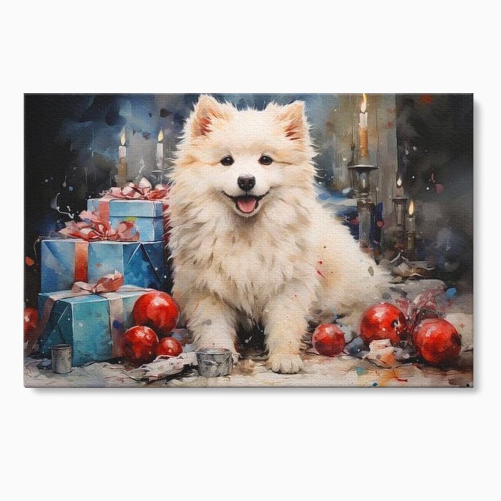 Tablou Canvas Premium, LuxCanva® D1033, Blanosul Samoyed printre Globuri , Patruped, Blana, Rosu, Globuri, Lumanari, Living Room, Culori vibrante