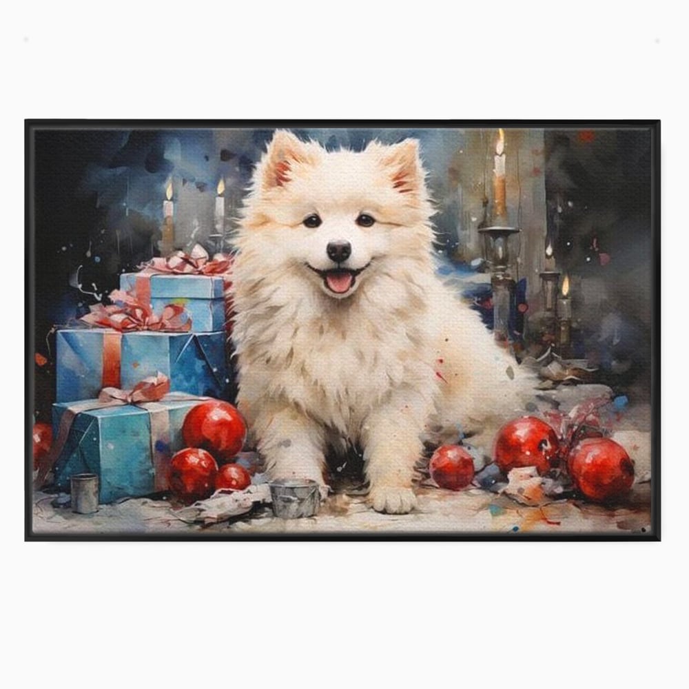 Tablou Canvas Premium, LuxCanva® D1033, Blanosul Samoyed printre Globuri , Patruped, Blana, Rosu, Globuri, Lumanari, Living Room, Culori vibrante