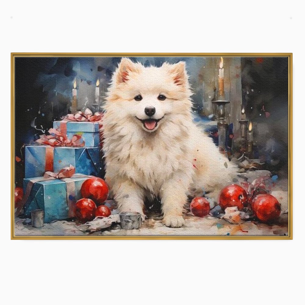 Tablou Canvas Premium, LuxCanva® D1033, Blanosul Samoyed printre Globuri , Patruped, Blana, Rosu, Globuri, Lumanari, Living Room, Culori vibrante