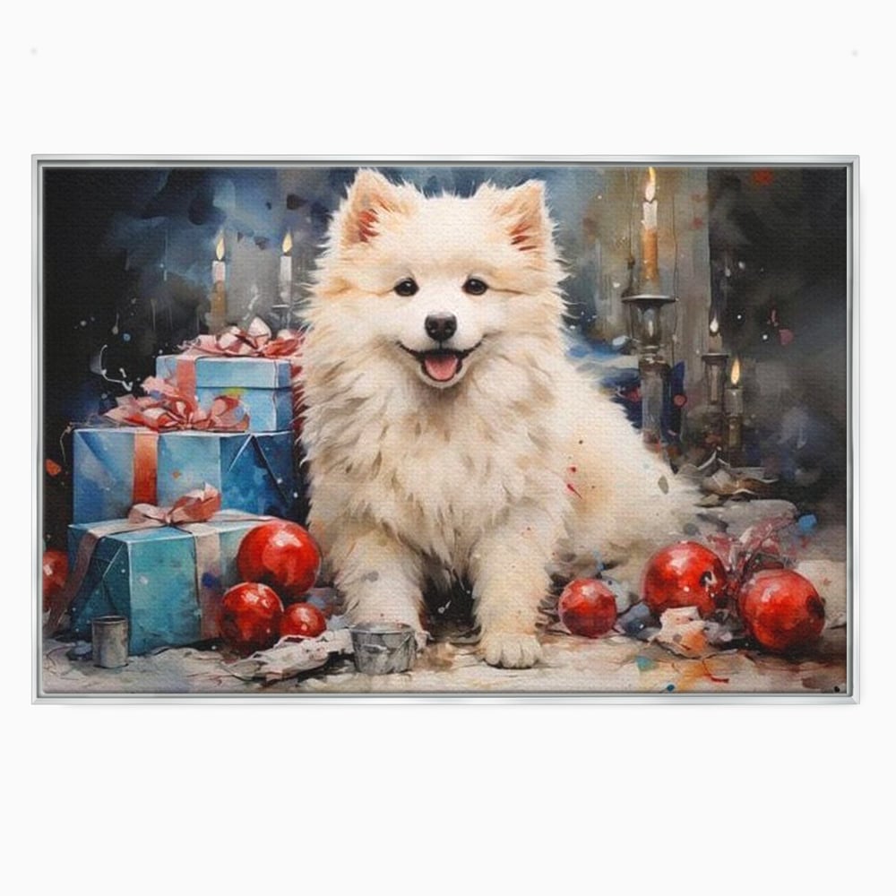 Tablou Canvas Premium, LuxCanva® D1033, Blanosul Samoyed printre Globuri , Patruped, Blana, Rosu, Globuri, Lumanari, Living Room, Culori vibrante