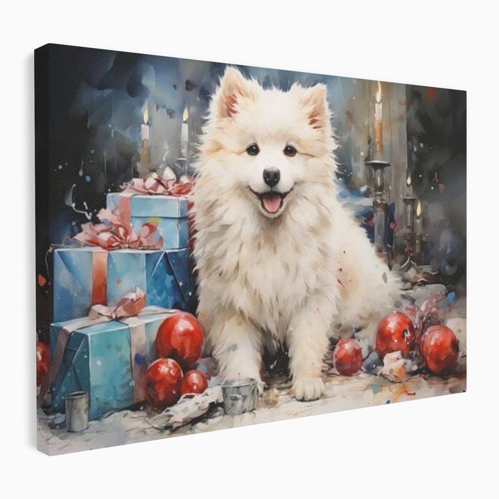 Tablou Canvas Premium, LuxCanva® D1033, Blanosul Samoyed printre Globuri , Patruped, Blana, Rosu, Globuri, Lumanari, Living Room, Culori vibrante