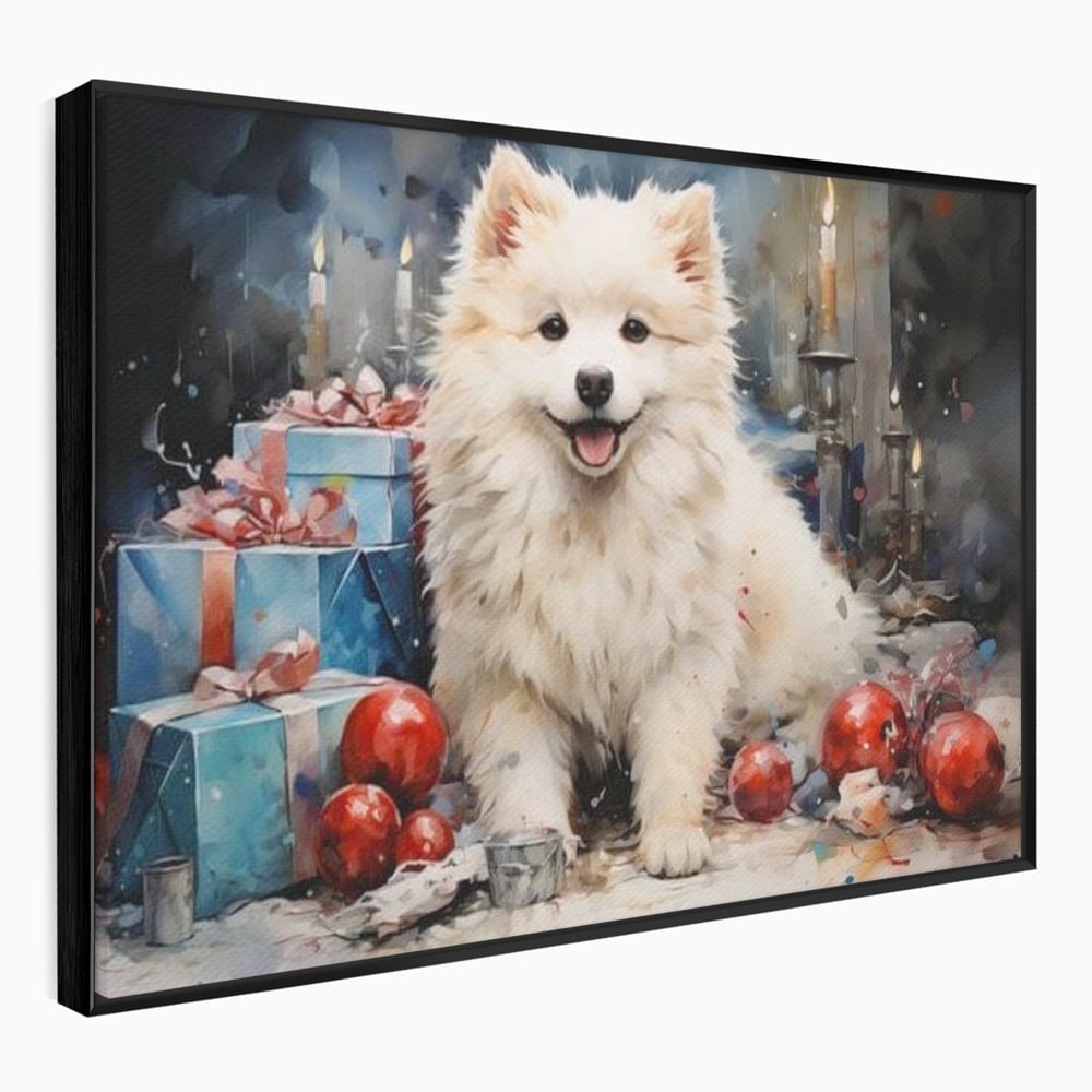 Tablou Canvas Premium, LuxCanva® D1033, Blanosul Samoyed printre Globuri , Patruped, Blana, Rosu, Globuri, Lumanari, Living Room, Culori vibrante