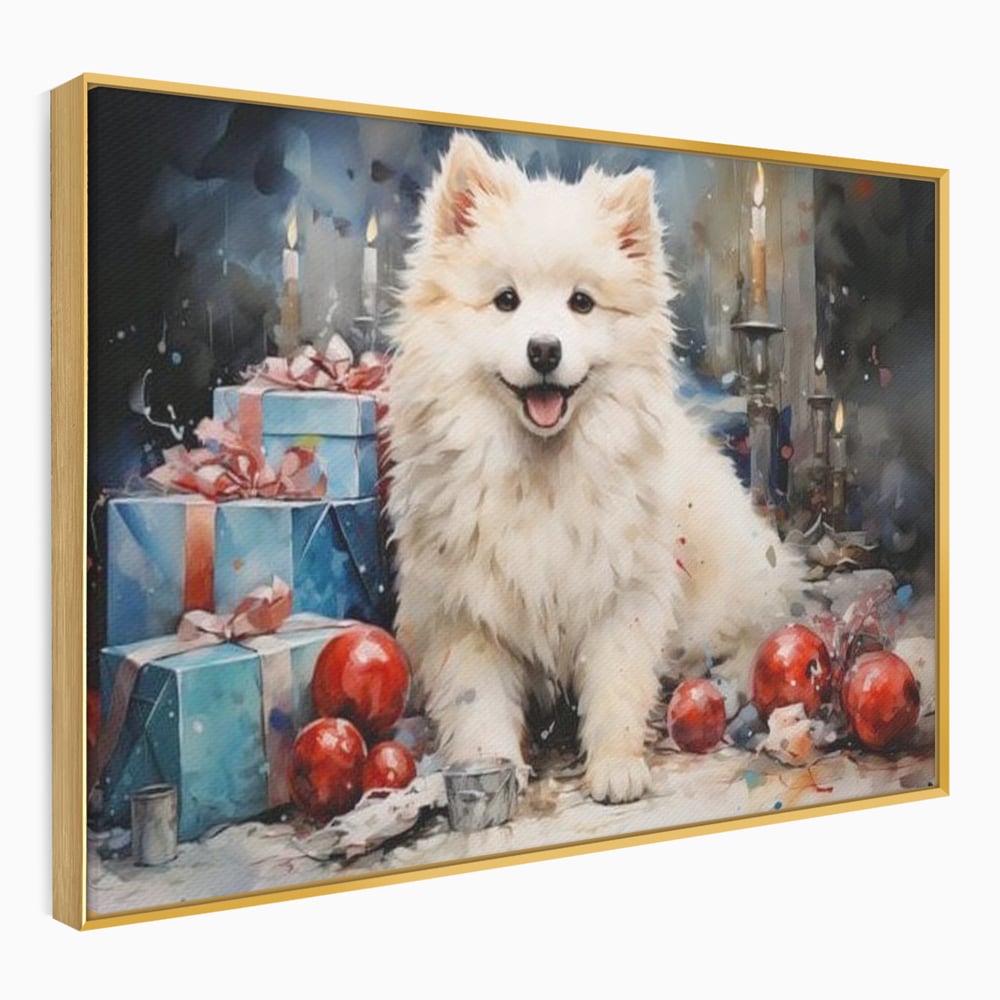 Tablou Canvas Premium, LuxCanva® D1033, Blanosul Samoyed printre Globuri , Patruped, Blana, Rosu, Globuri, Lumanari, Living Room, Culori vibrante