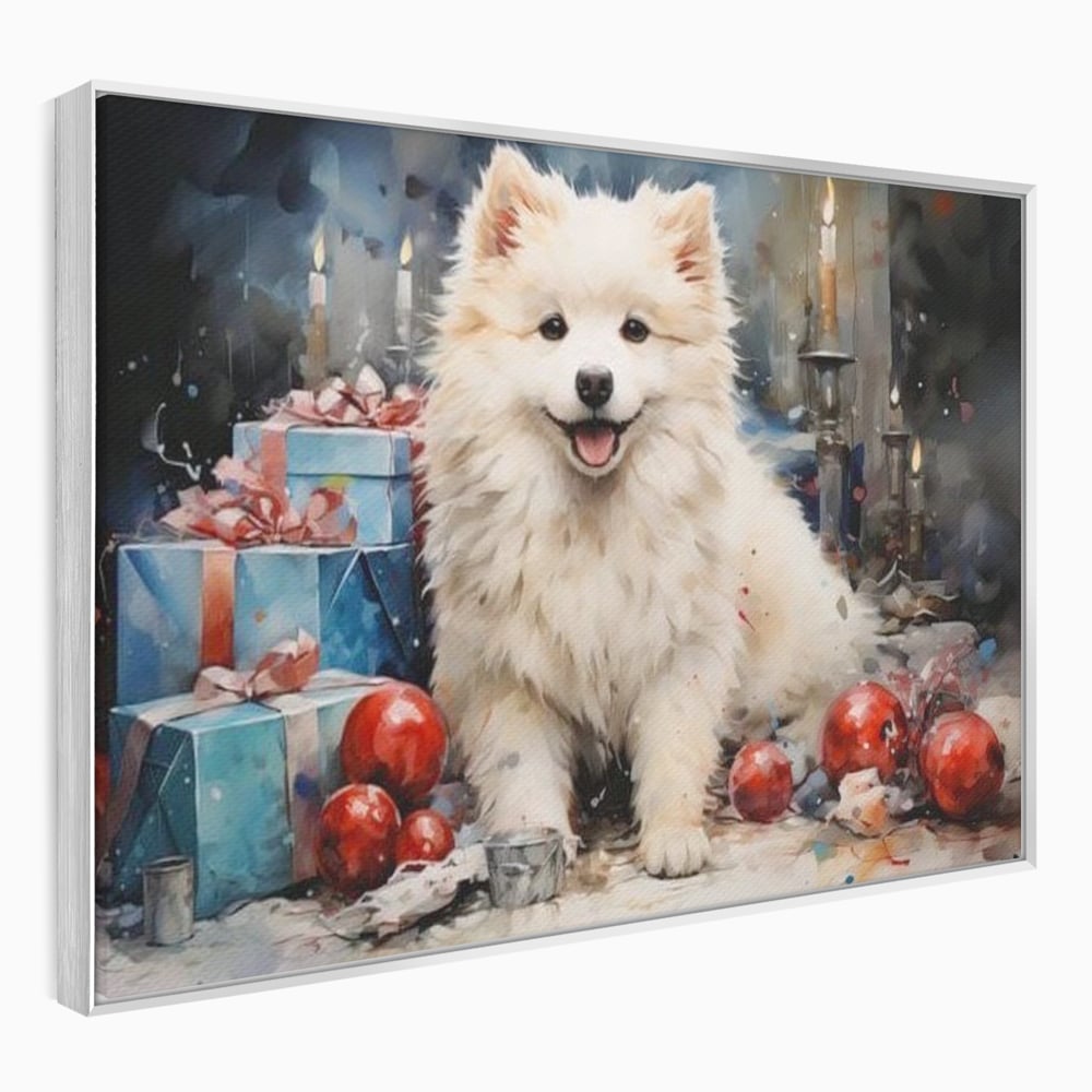 Tablou Canvas Premium, LuxCanva® D1033, Blanosul Samoyed printre Globuri , Patruped, Blana, Rosu, Globuri, Lumanari, Living Room, Culori vibrante