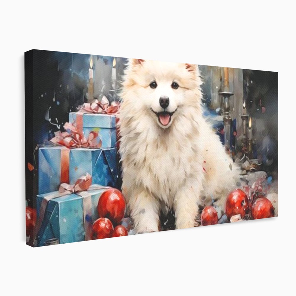 Tablou Canvas Premium, LuxCanva® D1033, Blanosul Samoyed printre Globuri , Patruped, Blana, Rosu, Globuri, Lumanari, Living Room, Culori vibrante