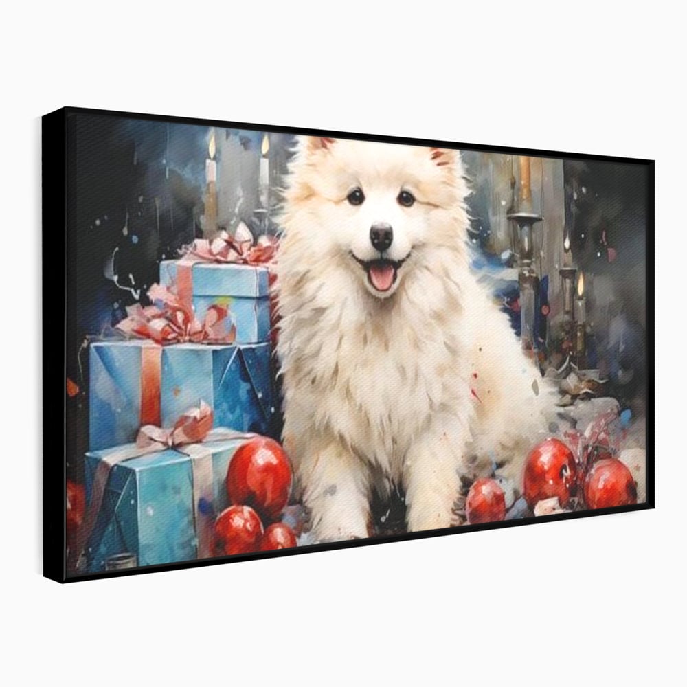 Tablou Canvas Premium, LuxCanva® D1033, Blanosul Samoyed printre Globuri , Patruped, Blana, Rosu, Globuri, Lumanari, Living Room, Culori vibrante