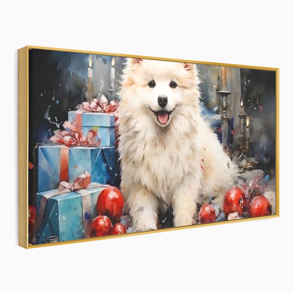 Tablou Canvas Premium, LuxCanva® D1033, Blanosul Samoyed printre Globuri , Patruped, Blana, Rosu, Globuri, Lumanari, Living Room, Culori vibrante