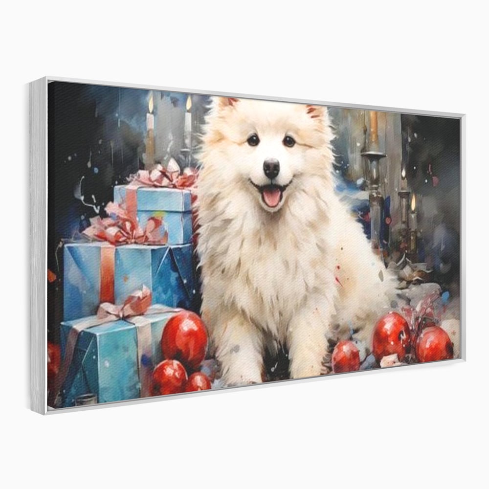 Tablou Canvas Premium, LuxCanva® D1033, Blanosul Samoyed printre Globuri , Patruped, Blana, Rosu, Globuri, Lumanari, Living Room, Culori vibrante