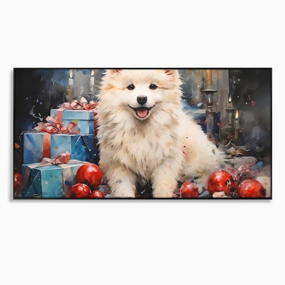 Tablou Canvas Premium, LuxCanva® D1033, Blanosul Samoyed printre Globuri , Patruped, Blana, Rosu, Globuri, Lumanari, Living Room, Culori vibrante